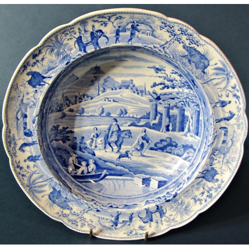 1023 - A 19th century blue and white transfer ware plate by Rogers showing a Giraffe and characters in a la... 