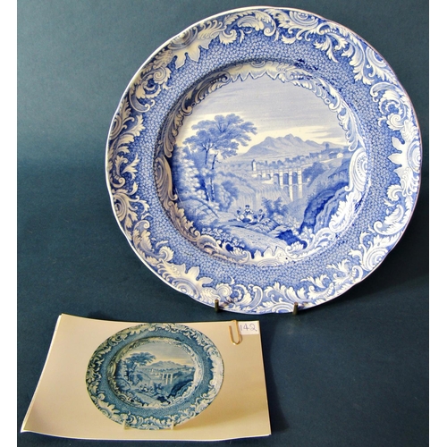 1023 - A 19th century blue and white transfer ware plate by Rogers showing a Giraffe and characters in a la... 