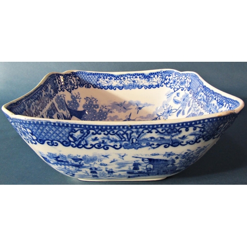 1024 - 19th century blue and white transfer ware bowl square cut with indented corners and chinoiserie land... 