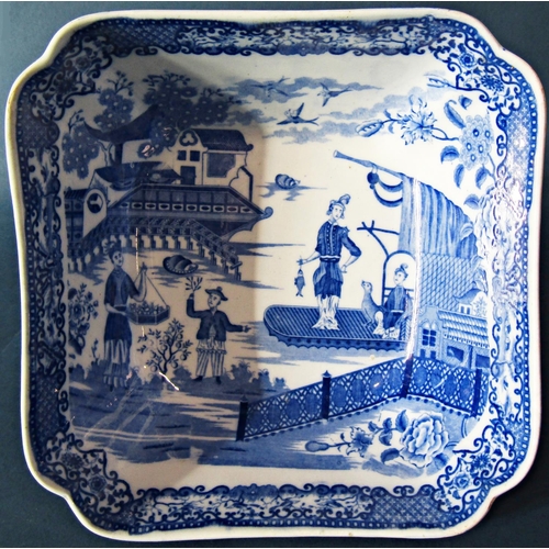 1024 - 19th century blue and white transfer ware bowl square cut with indented corners and chinoiserie land... 