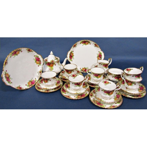 1043 - Royal Albert old Country Roses pattern tea service comprising teapot, two sandwich dishes, six trios... 