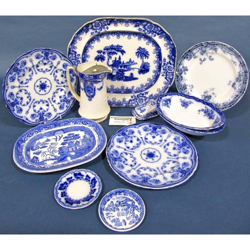 1048 - A quantity of 19th century and later blue and white printed ware including meat plates, dinner plate... 