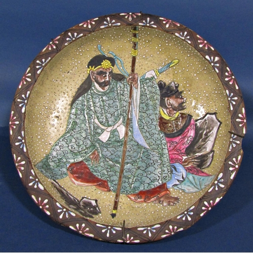 1056 - A pair of 19th century Japanese stoneware dished plates showing Samurai warriors in landscapes