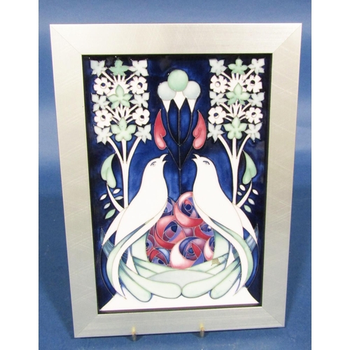 1074 - Framed Moorcroft panel in the art nouveau style showing two doves and floral detail, dated 2014