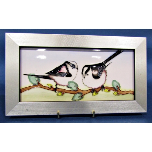 1076 - Framed Moorcroft panel showing long tailed tits, dated 2013