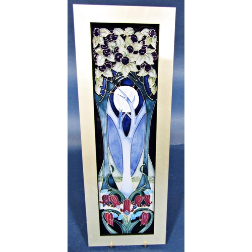 1078 - Framed Moorcroft panel showing moonlit scene with floral detail, dated 2012