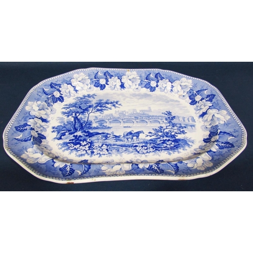 1081 - A large 19th century blue and white transfer ware plate an extensive seascape with distant castle an... 