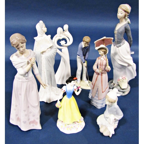 1091 - Three Lladro figures of elegant young ladies, further Nao figure, Royal Doulton figure, Snow White, ... 