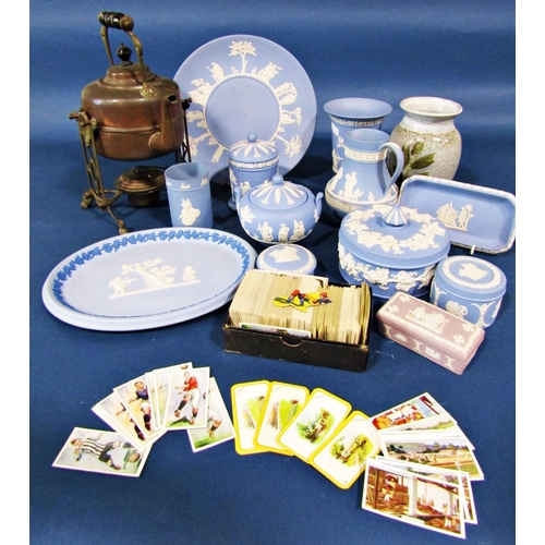 1104 - A collection of Wedgwood Blue Jasperware dishes, jugs, bowls, etc, Victorian copper spirit kettle an... 