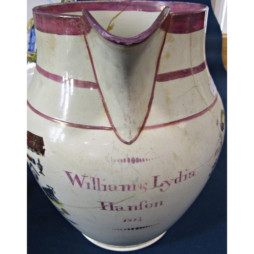 1116 - A mid-19th century Sunderland lustre jug (half gallon capacity approx) showing masonic devises - Wil... 