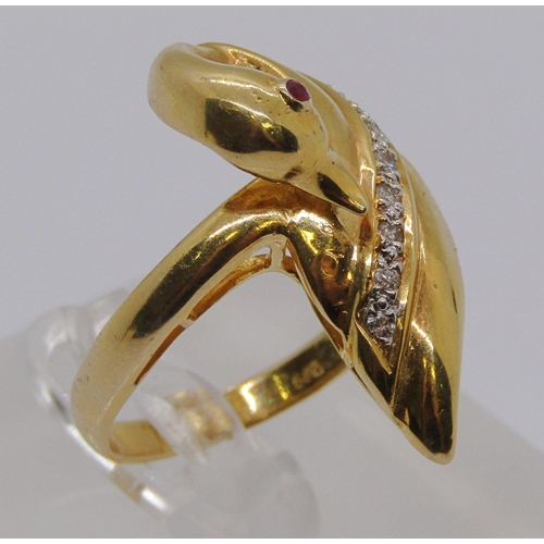 1385 - 14ct novelty swan ring set with diamonds and a ruby, shell stamp to outer shank, size K/L, 7.1g