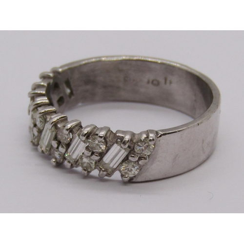 1386 - White metal half hoop ring set with baguette and brilliant-cut diamonds, size O, 5.5g