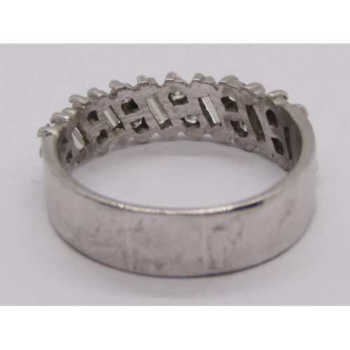 1386 - White metal half hoop ring set with baguette and brilliant-cut diamonds, size O, 5.5g