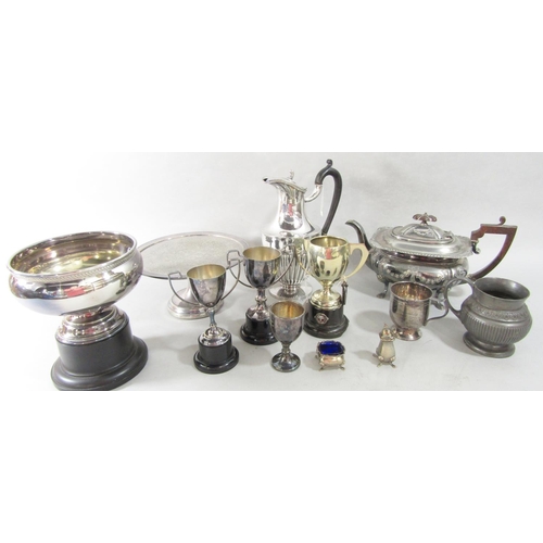 1200 - A miscellaneous collection of silver plated items including trophies, tazza , teapot, sugar bowl etc