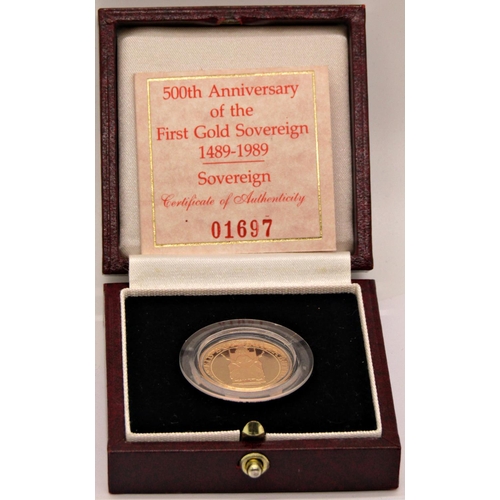 466 - Proof 1989 Sovereign 500th Anniversary of The First Gold Sovereign, cased