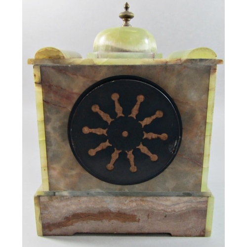 1495 - A late 19th century onyx mantel clock of classical form with brass supports enclosing an eight day s... 