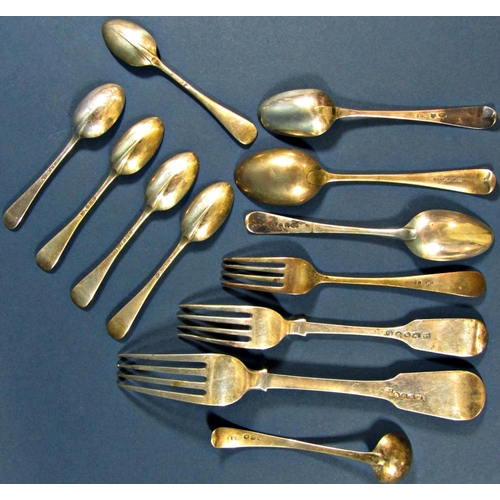 1229 - A mixed selection of 19th century silver flatware, teaspoons, forks, etc, 9oz approx