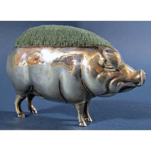 1241 - A silver pin cushion in the form of a pig, Birmingham 1905, maker Sydney & Co