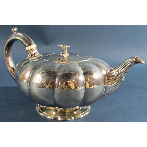 1244 - A Victorian silver gourd shaped teapot, London 1839, maker James Charles Edington, 18oz approx