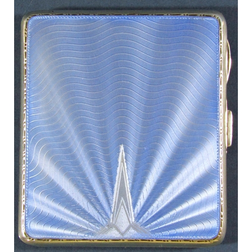 1250 - A guilloche blue art deco enamelled silver cigarette case with an engine turned back, Birmingham 193... 