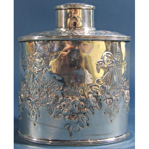 1256 - A late Victorian silver tea caddy with floral decoration, Birmingham 1892, maker Nathan and Hayes, 9... 