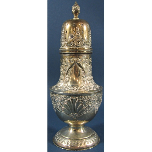 1263 - A large Victorian silver sugar caster with an all over floral decoration, Birmingham 1899, maker Wil... 