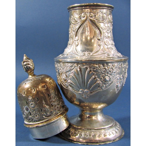 1263 - A large Victorian silver sugar caster with an all over floral decoration, Birmingham 1899, maker Wil... 