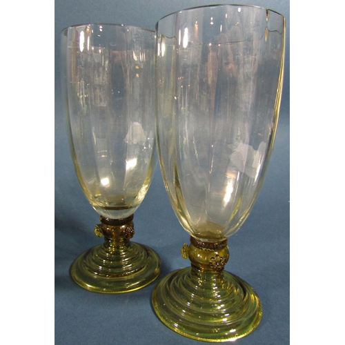 1133 - Fifteen near matching pale olive green spiral beehive wine glasses of varying sizes, and two similar... 