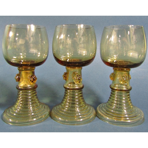 1133 - Fifteen near matching pale olive green spiral beehive wine glasses of varying sizes, and two similar... 