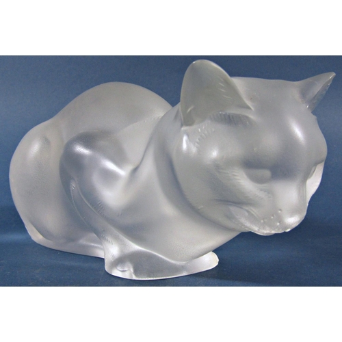 1134 - Two Lalique frosted glass cats “Assis et Couche “ with engraved signature Lalique R France to Assis,... 