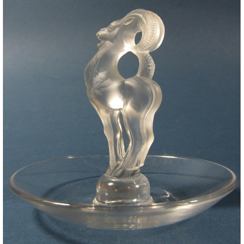 1136 - A Lalique frosted Ibex pin tray, script engraved Lalique France, 10cm diam x 9cm high approx.