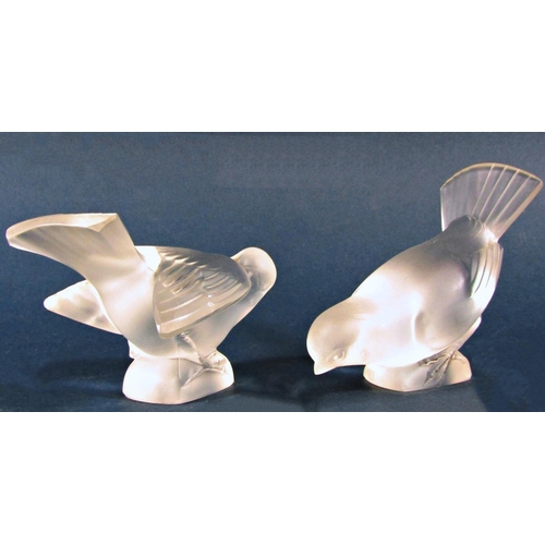 1143 - Four Lalique frosted glass sparrows, three with Lalique France engraved signature, one with a sticke... 