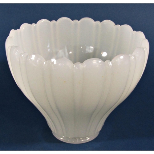 1149 - Three Vaseline moulded glass light shades with scalloped edge 12cm high x 14.5cm diam.