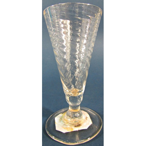 1152 - A Georgian funnel bowl wine glass with a double series air twist stem 15cm high, and a Georgian spir... 