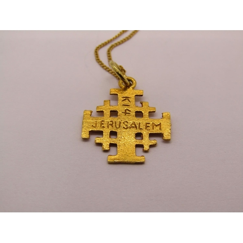 1273 - 14k Jerusalem cross pendant necklace, 2g and a single 9ct engine turned cufflink, 5g (2)