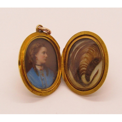 1291 - Good quality Victorian yellow metal locket with applied monogram, containing a hand painted portrait... 