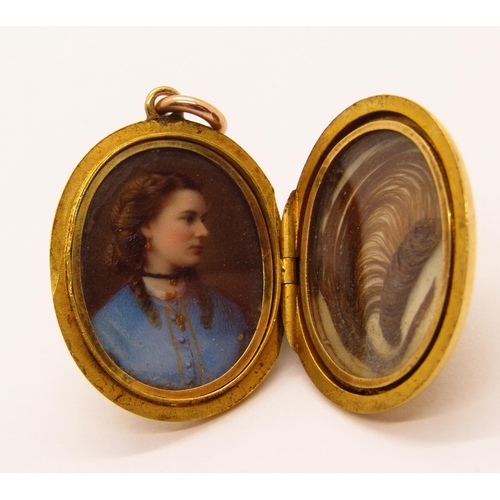 1291 - Good quality Victorian yellow metal locket with applied monogram, containing a hand painted portrait... 