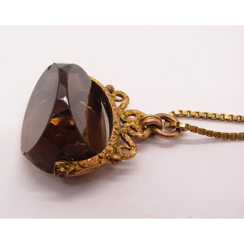 1296 - 9ct hessonite swivel fob, maker 'J.T.J', Birmingham 1901, with associated 9ct box link chain necklac... 