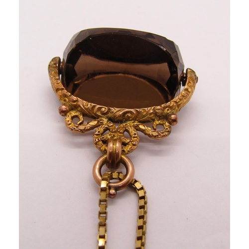 1296 - 9ct hessonite swivel fob, maker 'J.T.J', Birmingham 1901, with associated 9ct box link chain necklac... 