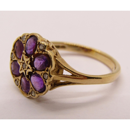 1304 - 9ct amethyst and diamond daisy cluster ring, size O, 2.5g