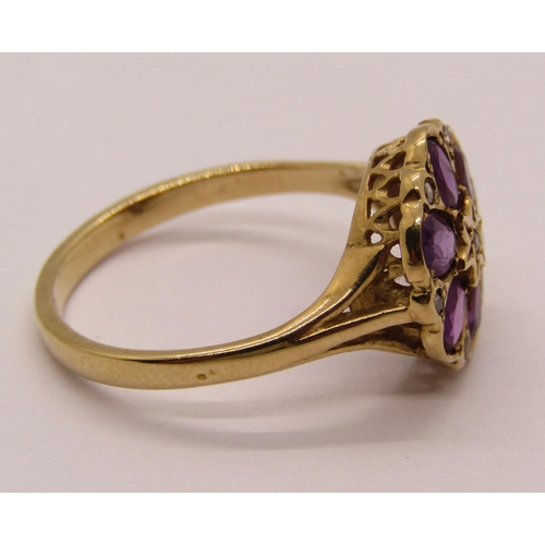 1304 - 9ct amethyst and diamond daisy cluster ring, size O, 2.5g