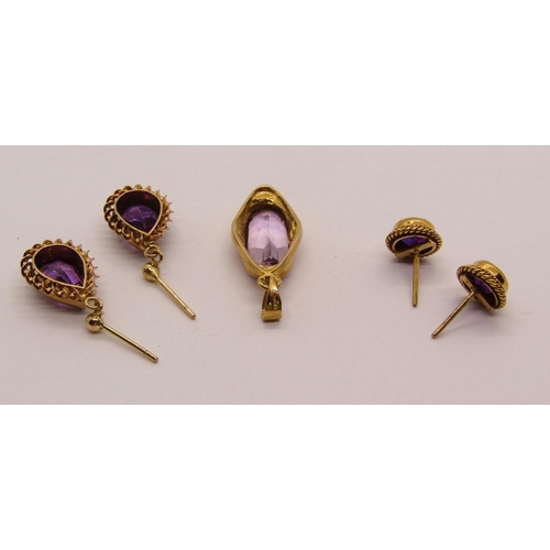 1305 - Group of 9ct amethyst jewellery comprising an Arts & Crafts style pendant, maker 'W&G', a pair of pe... 