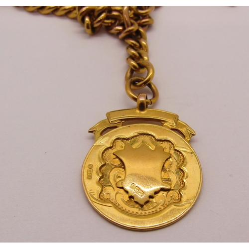 1323 - 9ct Albert chain with T-bar and medal fob, 48.2g