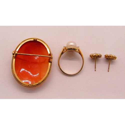 1334 - Group of gold jewellery comprising a 14ct pearl and white stone dress ring, a 9ct cameo brooch depic... 