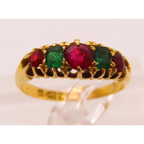 1336 - Late Victorian 18ct ruby and emerald ring, size L, Chester 1892, 2.9g