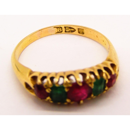 1336 - Late Victorian 18ct ruby and emerald ring, size L, Chester 1892, 2.9g