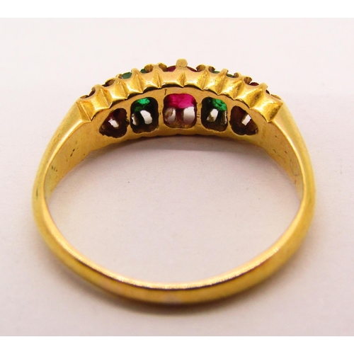 1336 - Late Victorian 18ct ruby and emerald ring, size L, Chester 1892, 2.9g