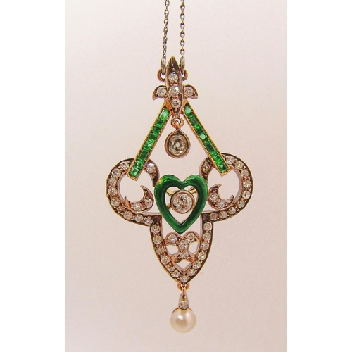 1341 - Fine Art Nouveau diamond, emerald and pearl pendant necklace in the manner of Child & Child, with em... 