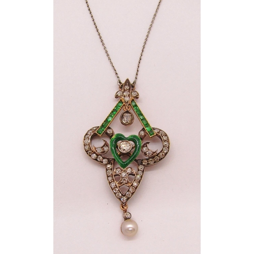 1341 - Fine Art Nouveau diamond, emerald and pearl pendant necklace in the manner of Child & Child, with em... 