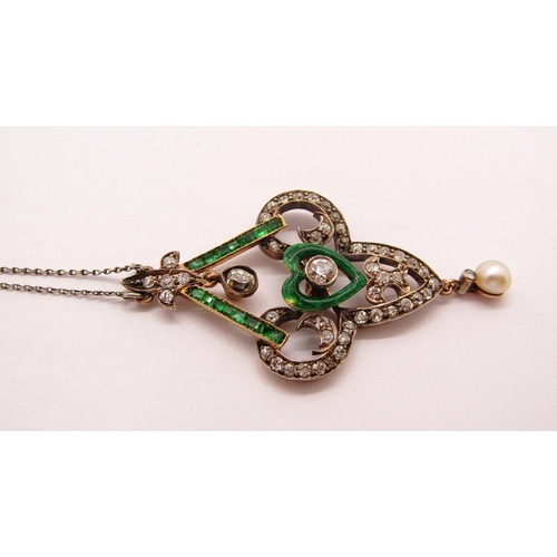 1341 - Fine Art Nouveau diamond, emerald and pearl pendant necklace in the manner of Child & Child, with em... 